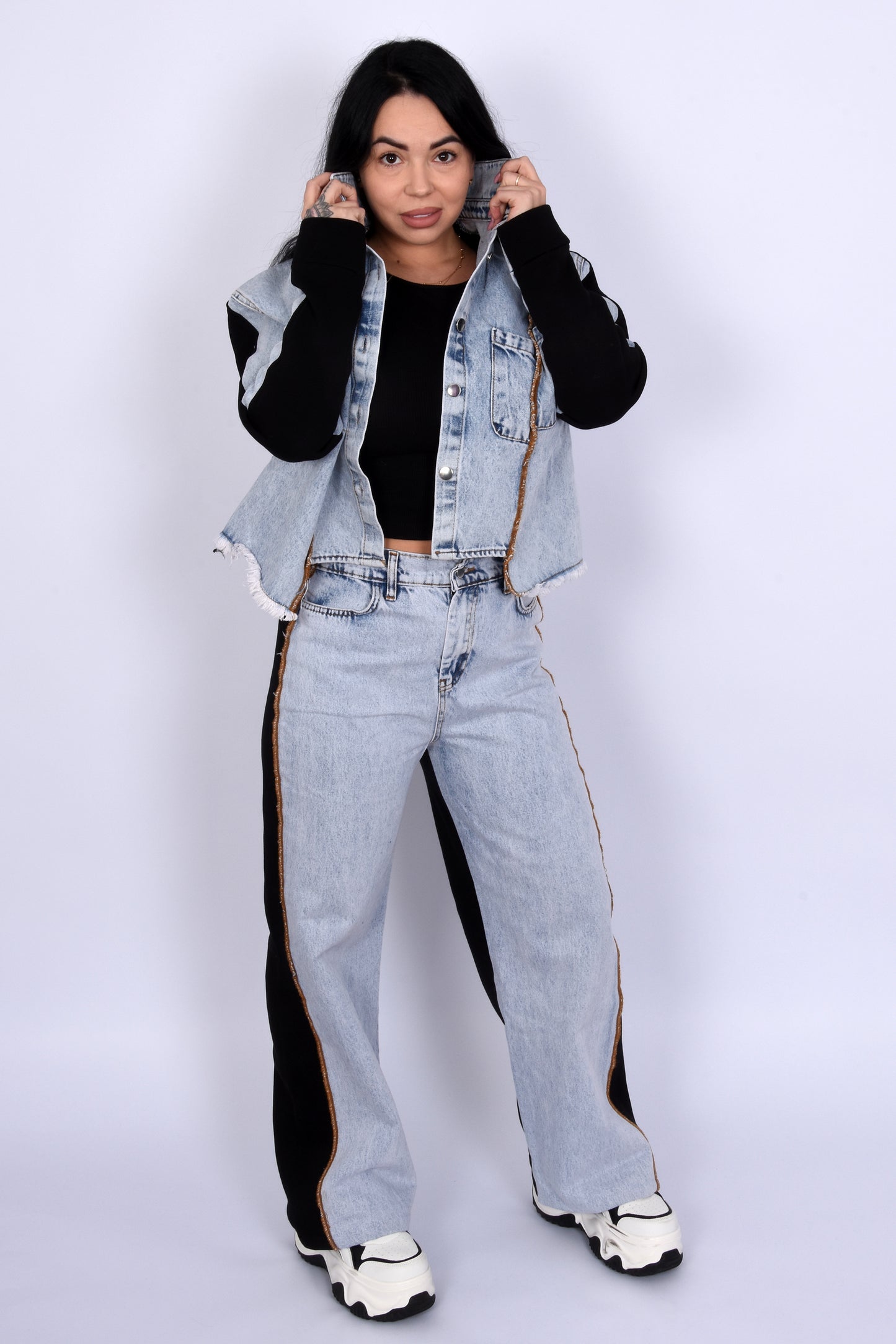Contrast Denim Set-Black