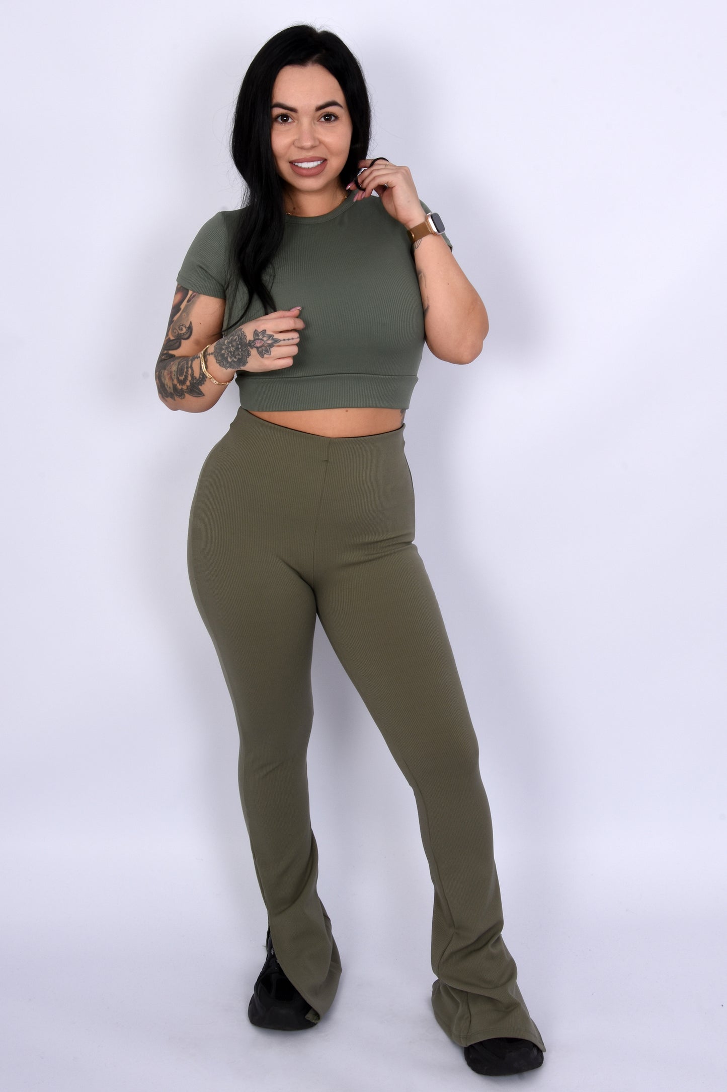 Ribbed Gym Set Olive Flared