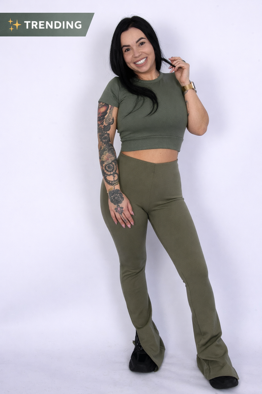 Ribbed Gym Set Olive Flared
