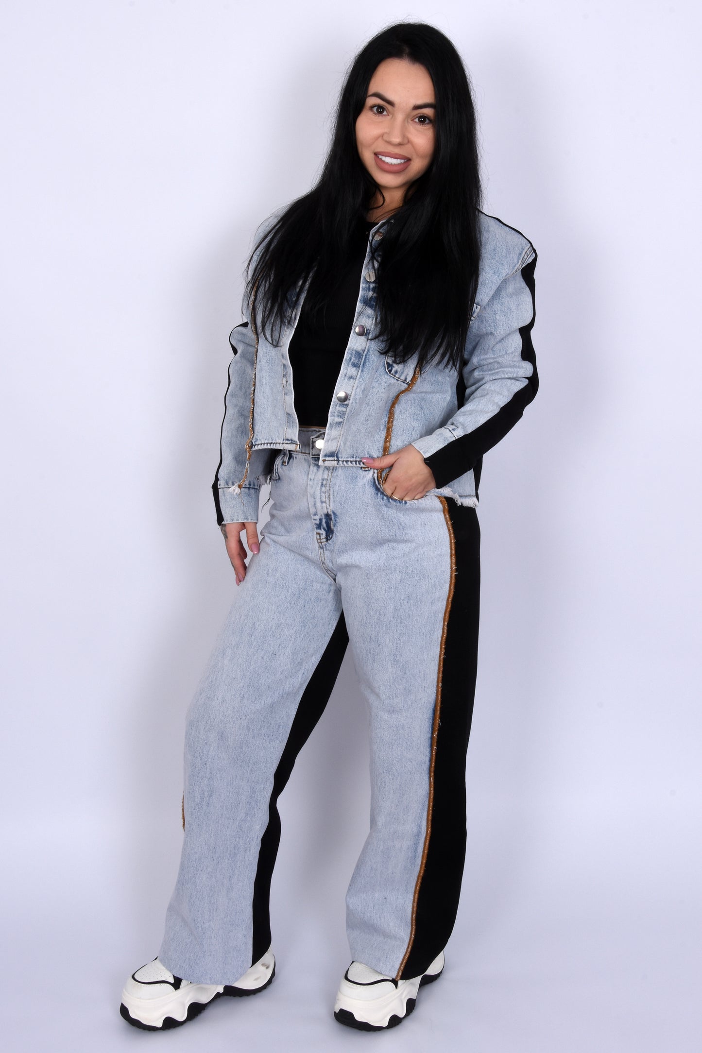 Contrast Denim Set-Black