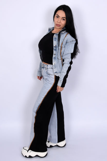 Contrast Denim Set-Black