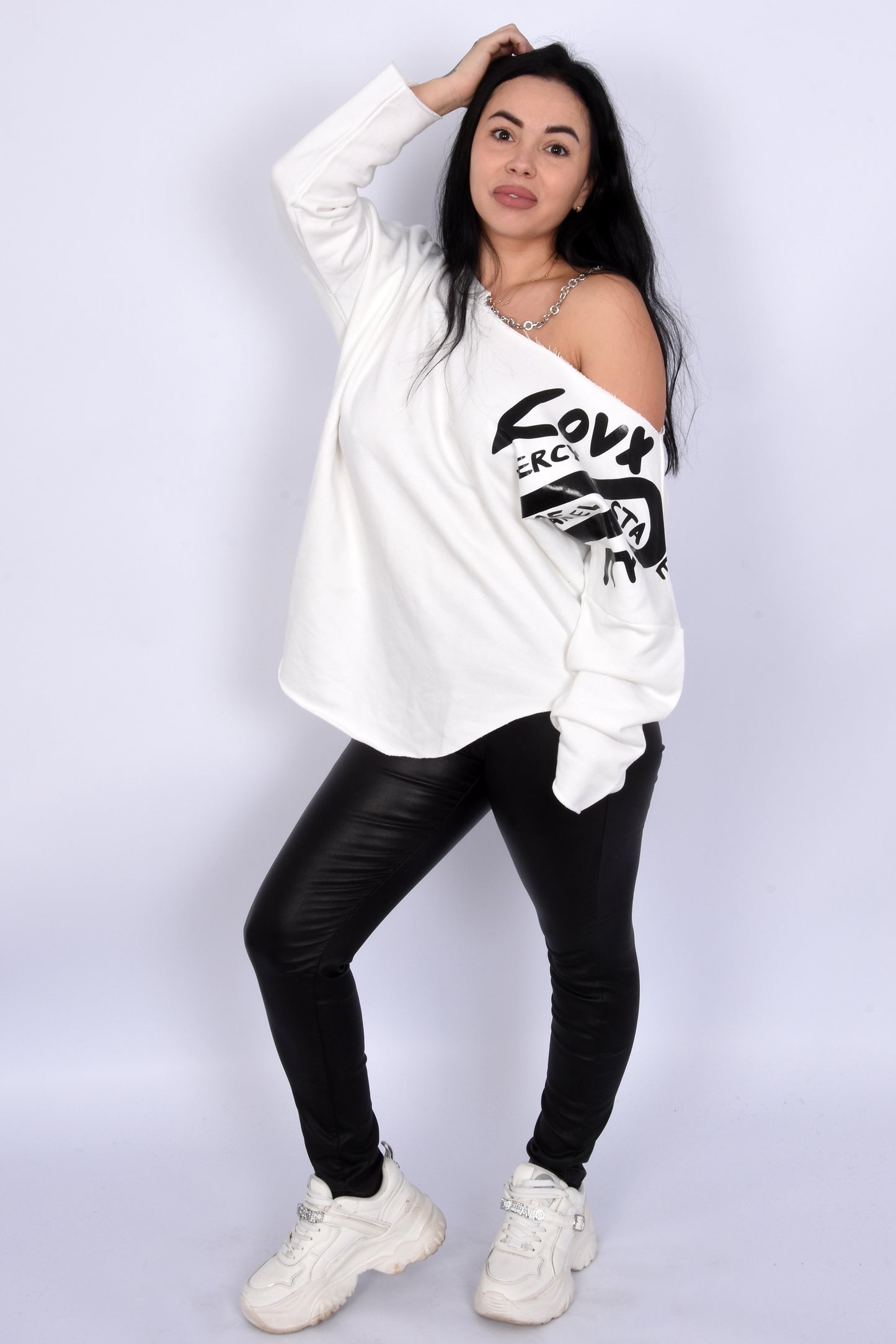 Oversize One-Shoulder Sweatshirt-White