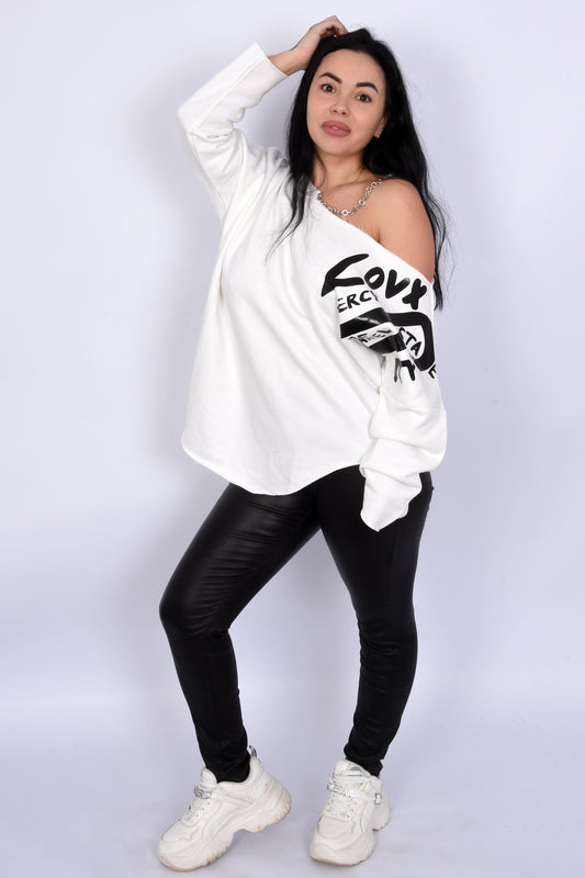 Oversize One-Shoulder Sweatshirt-White
