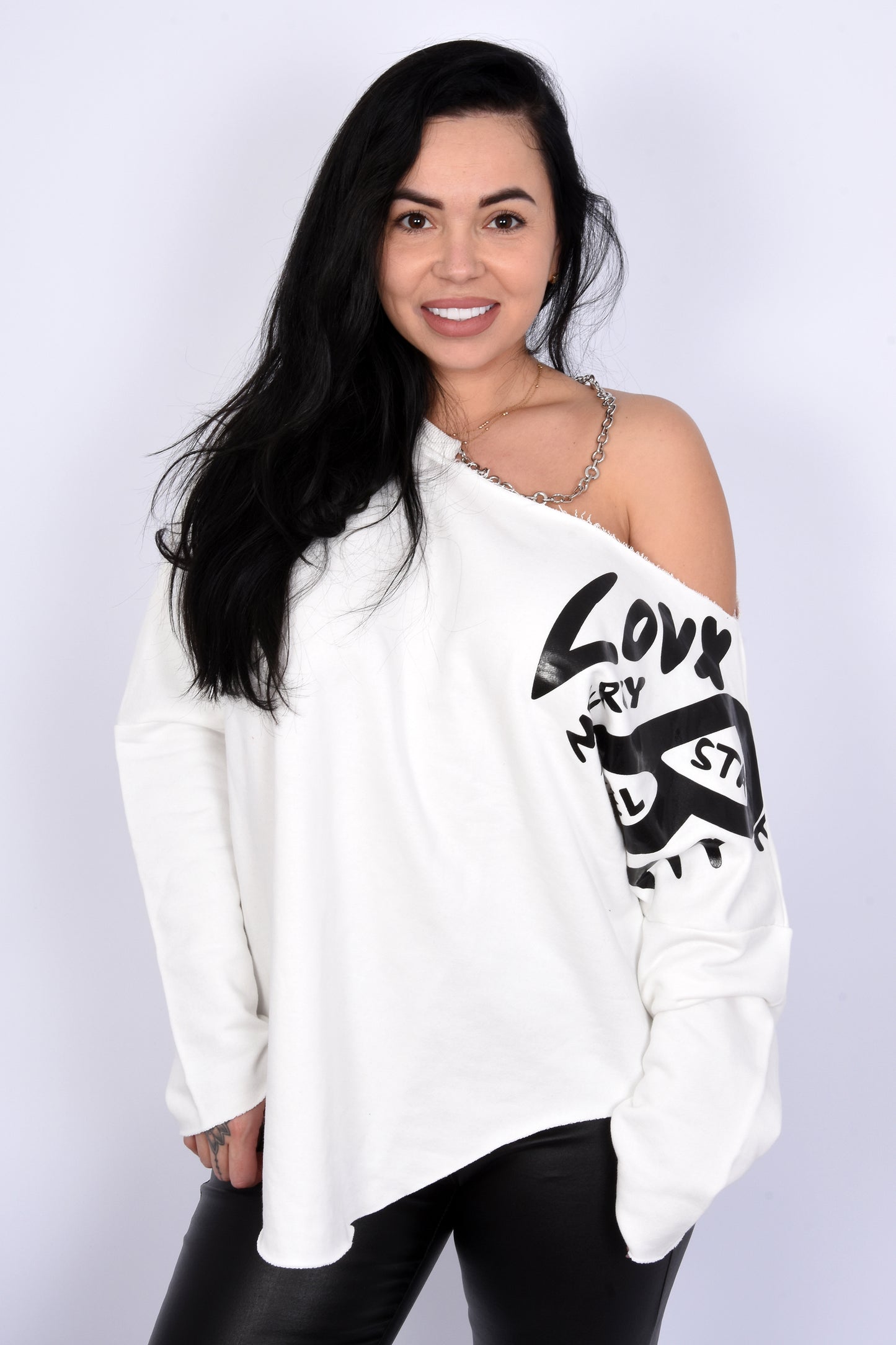 Oversize One-Shoulder Sweatshirt-White