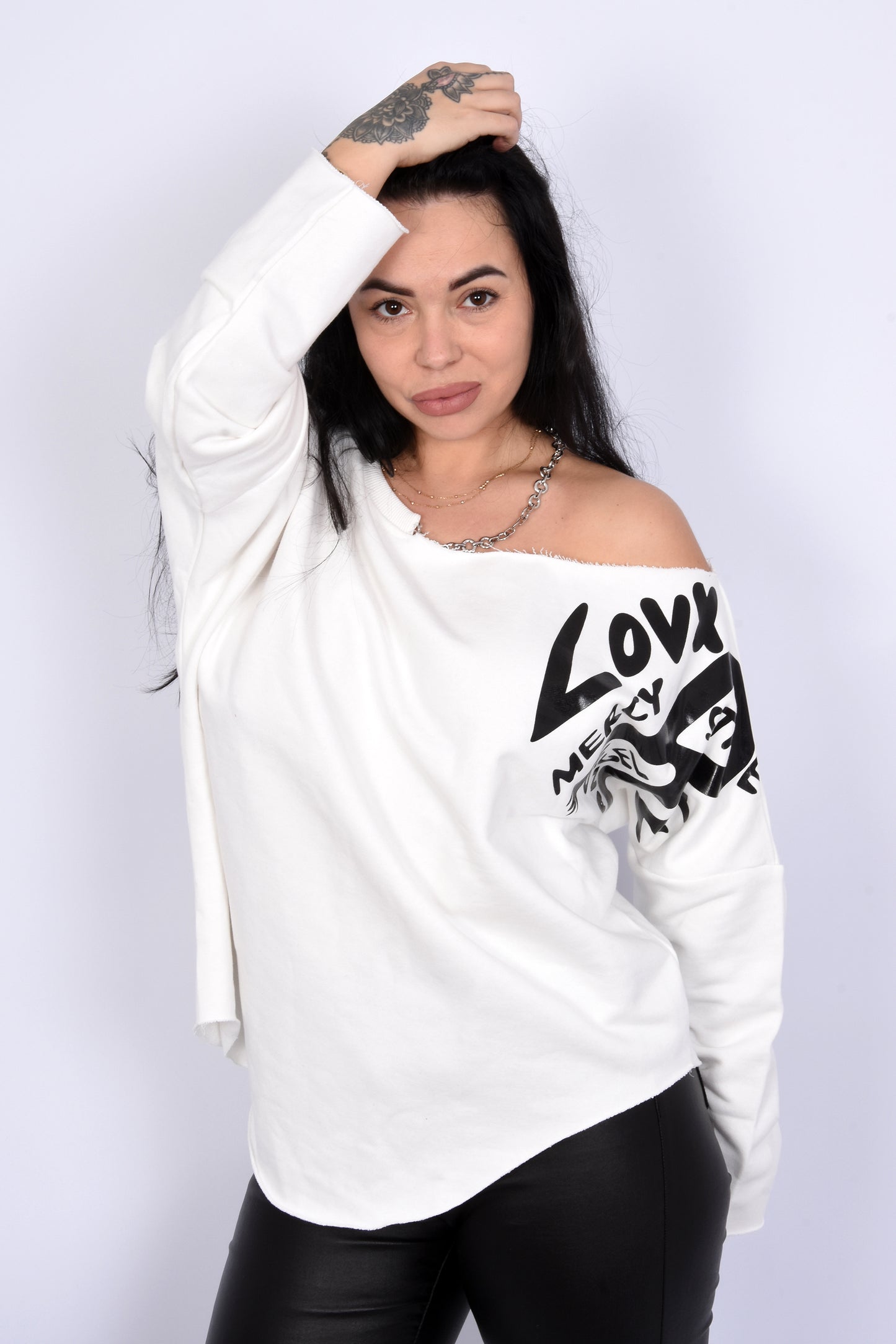 Oversize One-Shoulder Sweatshirt-White