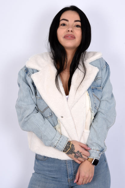 Denim Mix Jacket with Faux Fur - White