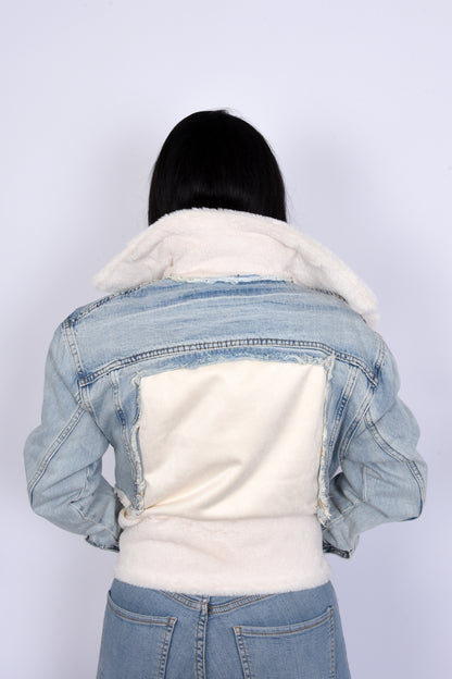 Denim Mix Jacket with Faux Fur - White