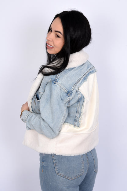 Denim Mix Jacket with Faux Fur - White