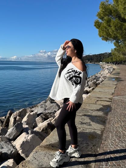 Oversize One-Shoulder Sweatshirt - White